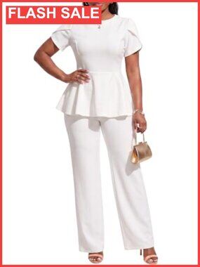 Women Dressy 2 Piece Pants Suit Peplum Top Straight Leg Pants